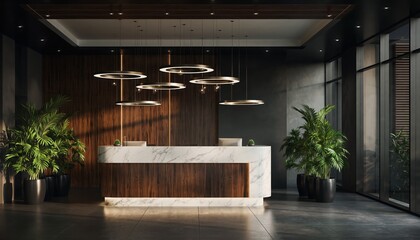 Reception Area: The image showcases a modern reception area with sleek design and inviting ambiance. A marble countertop, wooden front desk, and ambient lighting.