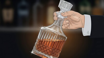 Elegant Hand Holding Crystal Decanter Filled with Amber Whiskey.