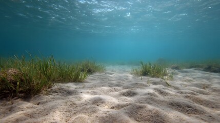 Obraz premium Serene underwater scene with clear blue water sandy seabed and green seagrass swaying in the light