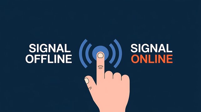 Finger presses button to activate online signal, switching from offline to online