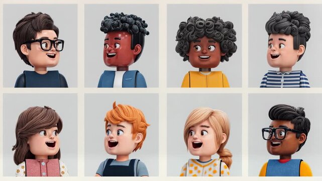 Set of diverse three dimensional cartoon avatars with different hairstyles skin tones and accessories for playful social media and gaming projects