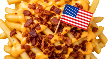 A plate of delicious american style mac and cheese fries with bacon bits and a toothpick flag isolated on transparent background