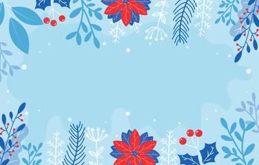 Bright winter illustration with a prominent floral border featuring red poinsettia and blue leaves. High contrast design for festive holiday promotions.