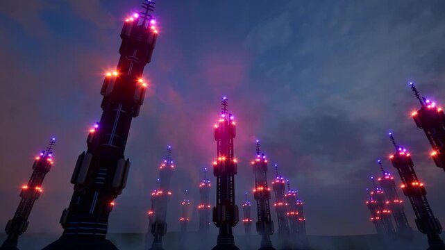 6g farm towers stations on night bg with advanced antenna systems and cellular signal waves 4k