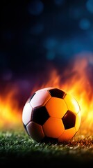 Naklejka premium A soccer ball rests on green grass against a fiery background, creating a dramatic effect