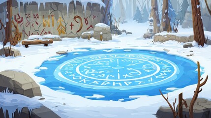 Pixel Art Winter Scene with Frozen Pond and Ancient Runes in Forest