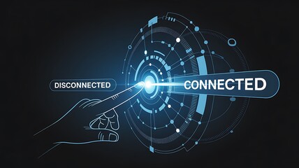 Finger pressing button to connect digital network with glowing light connection technology