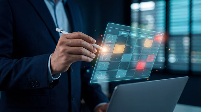 Business professional interacting with a holographic interface to analyze data, showcasing innovation, technology, and digital transformation in work environments. - Powered by Adobe