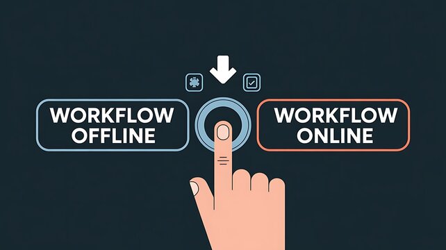 Finger pressing button to select between offline and online workflow on dark background
