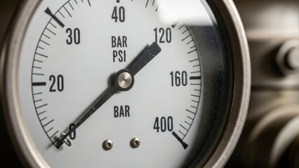 Close-up of a Pressure Gauge Dial with Readings in Bar and PSI.