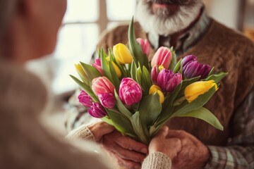 man in his 50s gently handing a bouquet of tulips to his wife