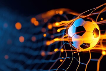 A soccer ball pierces through a vibrant net, illuminated by dynamic glowing lines and colors