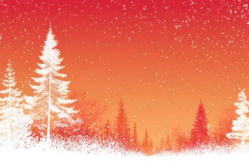 White snow-covered trees stand under a red-orange sky with falling snow.