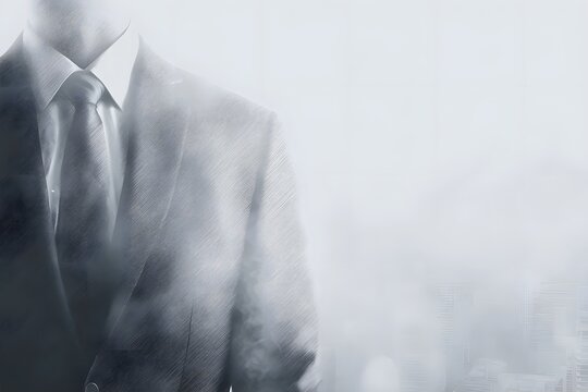 A headless man in a formal suit stands in a foggy, abstract cityscape.