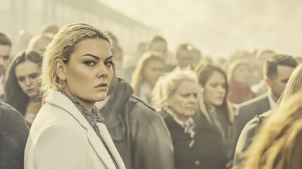 Fototapeta premium Woman looking serious in crowded urban street, a symbol of unique individuality and being overwhelmed