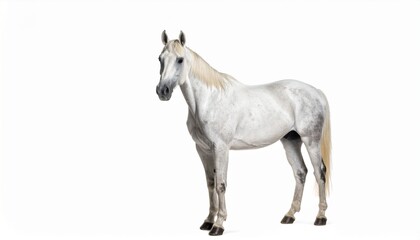 Obraz premium Arabian Horse Isolated on White. Photo of a purebred Arabian horse isolated on a white background. Elegant and iconic horse breed known for its refined head, arched neck, and graceful posture.