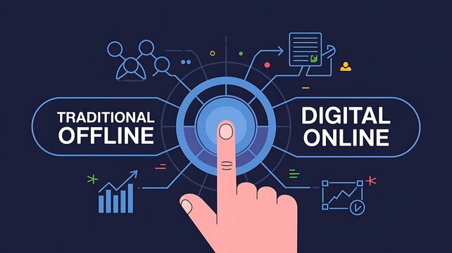 Finger touching central button to choose between traditional offline and digital online