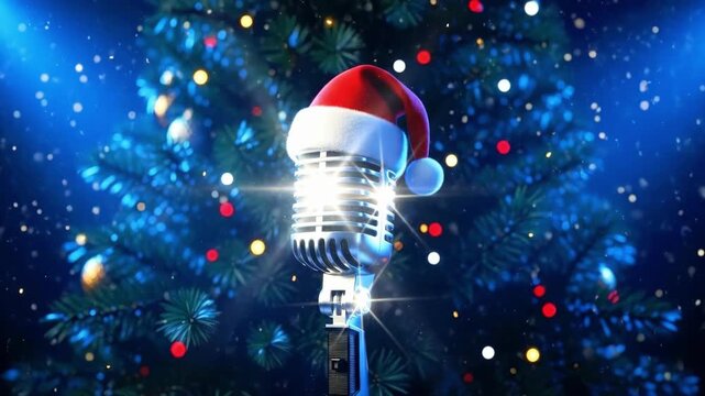 Vintage microphone with Santa hat. Christmas carol and holiday music entertainment concept. Festive celebration for New Year song.