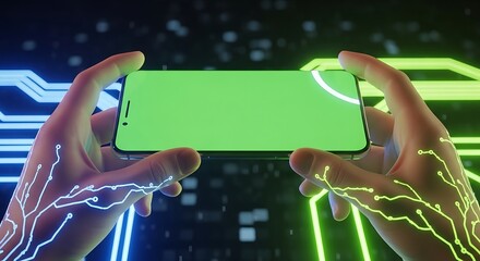 Hands holding smartphone with green screen technology.