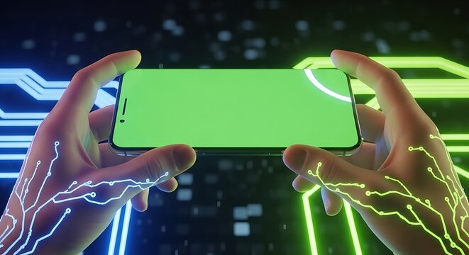 Hands holding smartphone with green screen technology. - Powered by Adobe