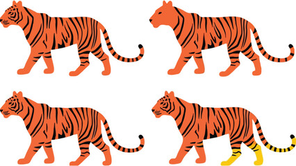 Obraz premium Four stylized tigers, three identical, one with yellow paws, against a white background