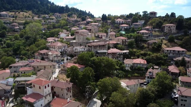 Traditional Balkan Mountain Village in Greece with Orthodox Christian Church