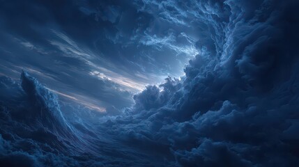 Abstract Dark Blue Swirling Cloudscape with Glowing Particles and Bright Center Light Dramatic Sky Cloudscape Atmospheric
