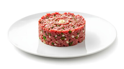 Filet Américain dish served on a white plate in circular shape  