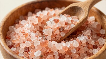 A close-up view of pink Himalayan salt crystals in a wooden bowl with a wooden spoon.