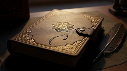 Fototapeta premium Vintage leather bound book with quill.