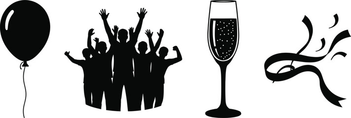 Party celebration icons with balloon people champagne and confetti