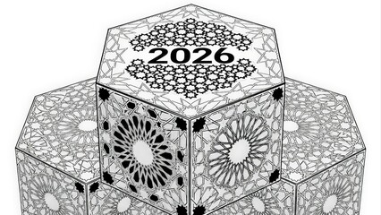 Hexagonal Blocks with Year 2026 and Intricate Patterns.