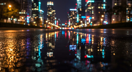Urban night scene with colorful city lights reflected in puddle  