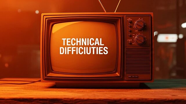 Screen of Technical Difficulties: A vintage television set, bathed in an warm light, displays a message indicating technical difficulties. this evokes a sense of nostalgia