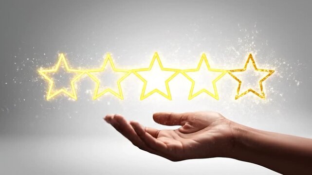 A finger touches a glowing star in a sequence of stars, implying a rating