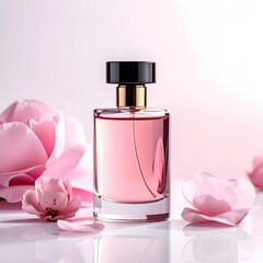 Pink perfume bottle surrounded by blossoms.  Delicate,  feminine fragrance