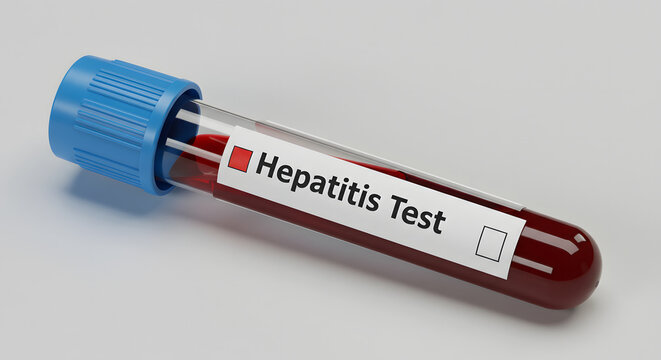 Blood sample in test tube labeled Hepatitis Test on white background  