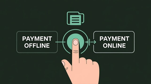 Hand pressing button to switch payment from offline to online mode Keywords: hand, pressing, button, payment, offline, online, transition