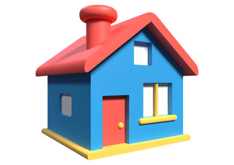 Colorful 3D house model with red roof and chimney
