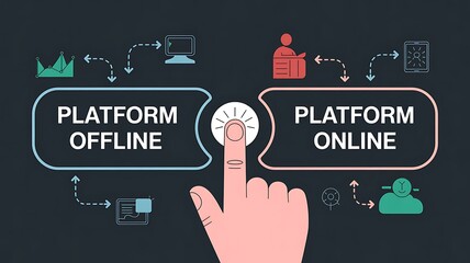 Hand selects online platform over offline platform with icons and arrows on dark background