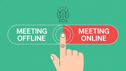 Hand selecting online meeting option on a split interface with a bell icon offline
