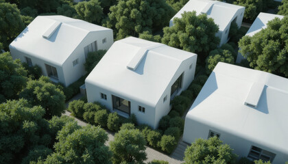 Modern white houses with sloped roofs are nestled among lush green trees, creating serene residential area. minimalist design and natural surroundings evoke sense of tranquility
