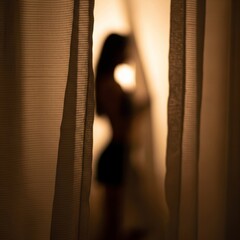 Artistic concept of sensory intimacy, contrasting a blurred foreground curtain with the sharp, tactile details of sustainable fashion in the background.