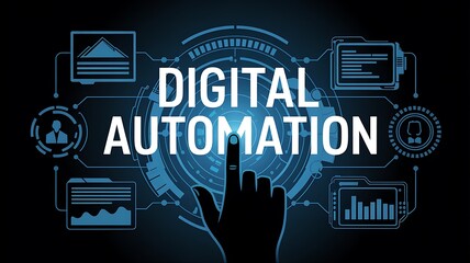 Hand touching digital automation text surrounded by interface icons and circuits