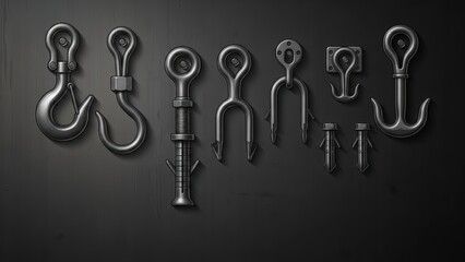 Collection of Industrial Metal Hardware and Fasteners on Dark Background.