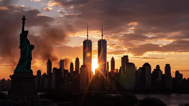 Statue of liberty and lower manhattan skyline at sunset with sun flare between twin towers, 4k