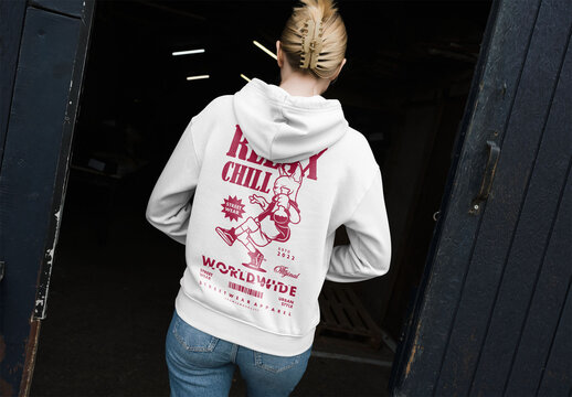 Mockup Of Woman Wearing Customizable Hooded Top, Rear View