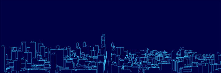 A city skyline blueprint with white building contours stands out against a deep blue background. The stark contrast creates a modern and technical urban design concept. © German Ovchinnikov