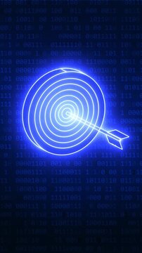 Glowing neon target hitting goal on digital code background