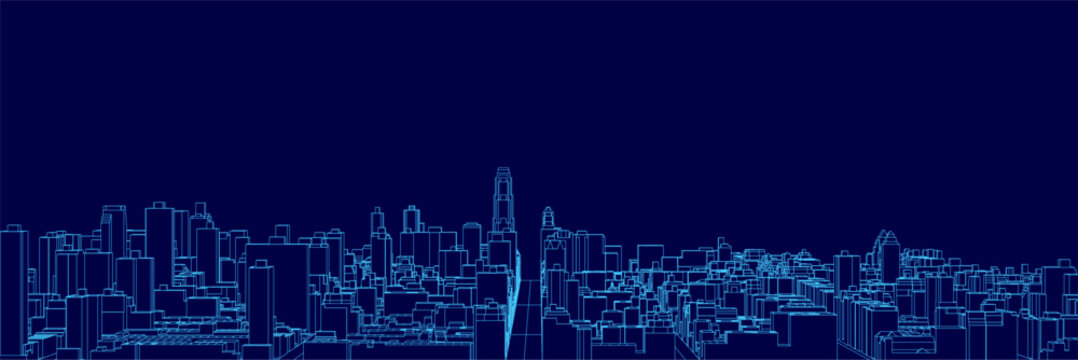 A city skyline blueprint with white building contours stands out against a deep blue background. The stark contrast creates a modern and technical urban design concept.